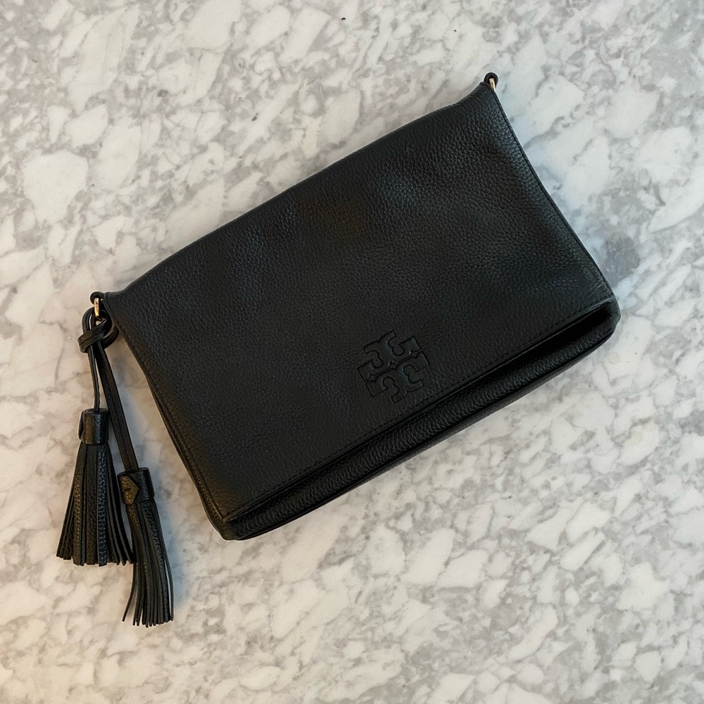 Black leather Tory Burch fold over crossbody bag EUC